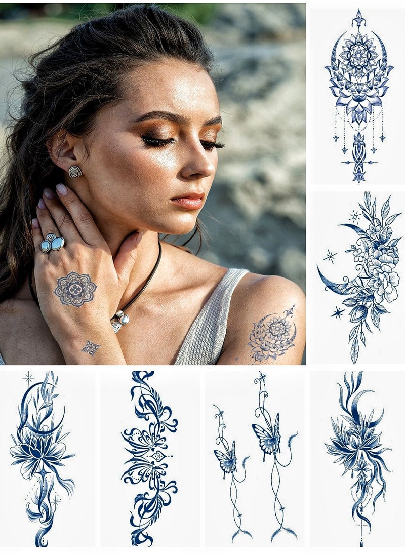 onecircle - Onecircle 6 sheets temporary tattoo stickers, 2 weeks lasting semi-permanent tattoo sticker with blue color plant ink suitable for girls, kits, ladies and women. - Image 1