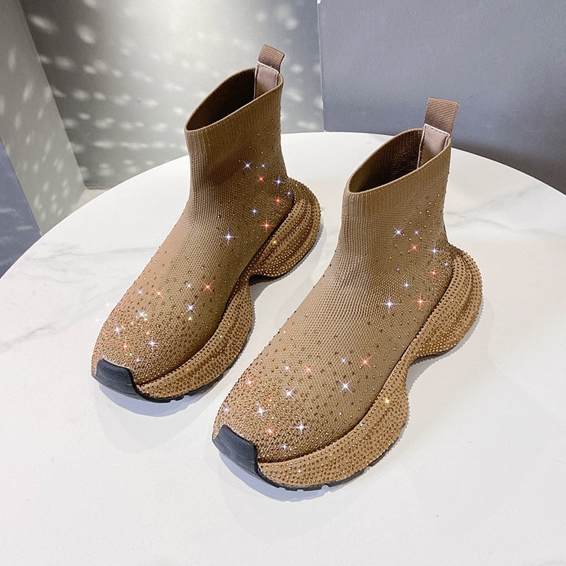 2024 High-Top Sneakers Elastic Sock Womens Thick Sole Diamond Dark brown