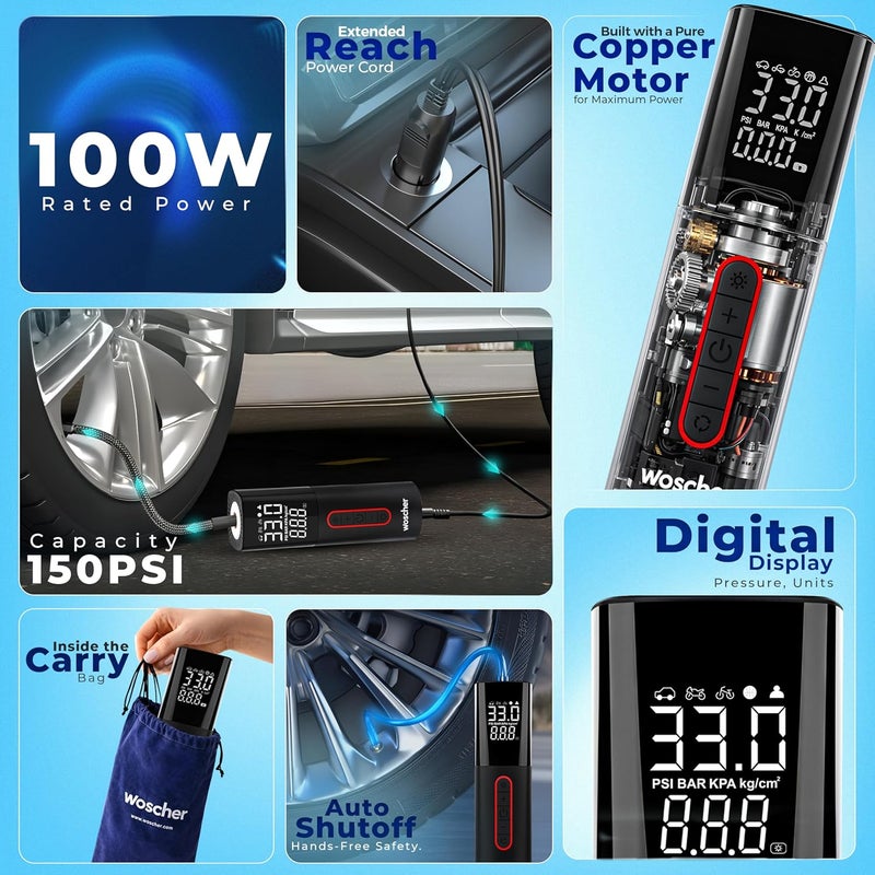 WOSCHER منفاخ الإطارات المحمول السريع من Woscher (12 فولت) مع ضوء LED - Image 2