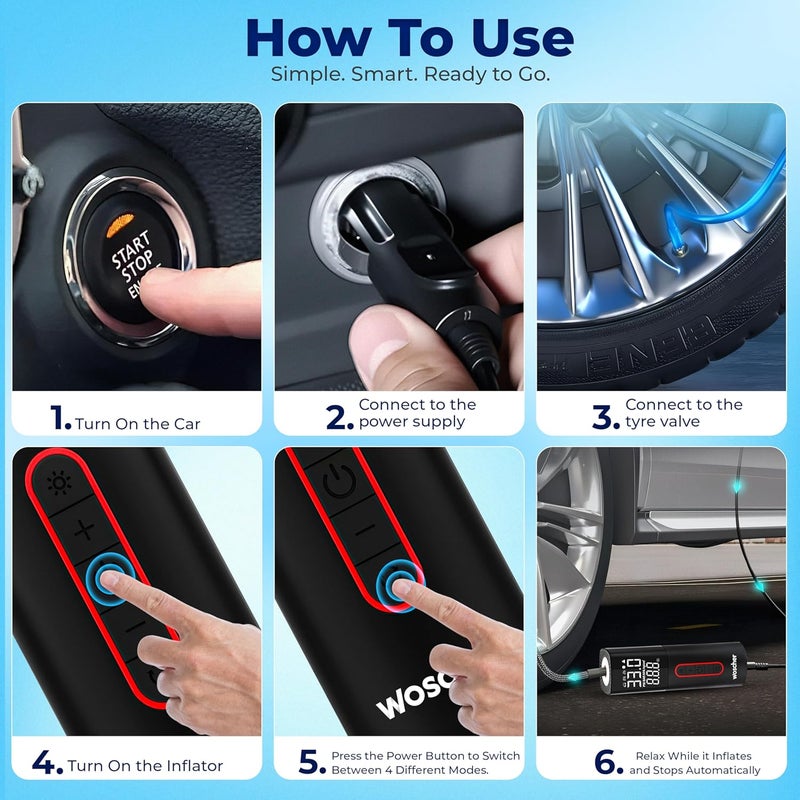 WOSCHER منفاخ الإطارات المحمول السريع من Woscher (12 فولت) مع ضوء LED - Image 5