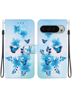 For Google Pixel 9 / 9 Pro Crystal Texture Colored Drawing Leather Phone Case(Blue Butterflies)