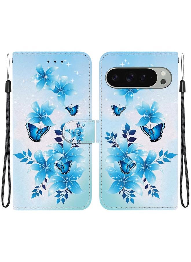 erorex - For Google Pixel 9 / 9 Pro Crystal Texture Colored Drawing Leather Phone Case(Blue Butterflies) - Image 1