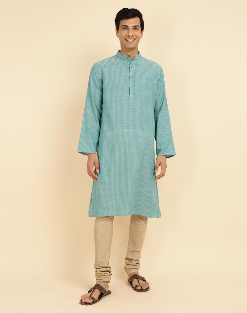 Fabindia Teal Cotton Woven Long Kurta - Image 2