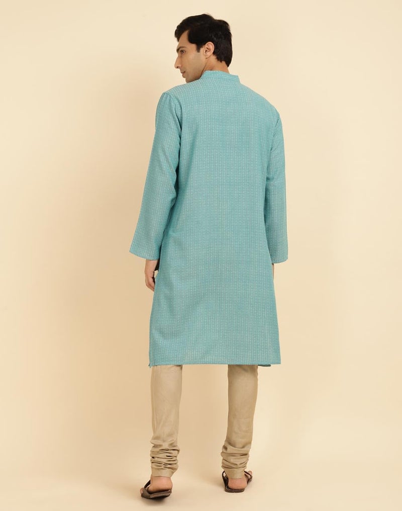 Fabindia Teal Cotton Woven Long Kurta - Image 4