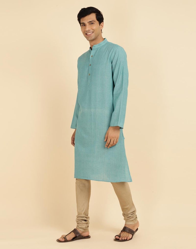 Fabindia Teal Cotton Woven Long Kurta - Image 3