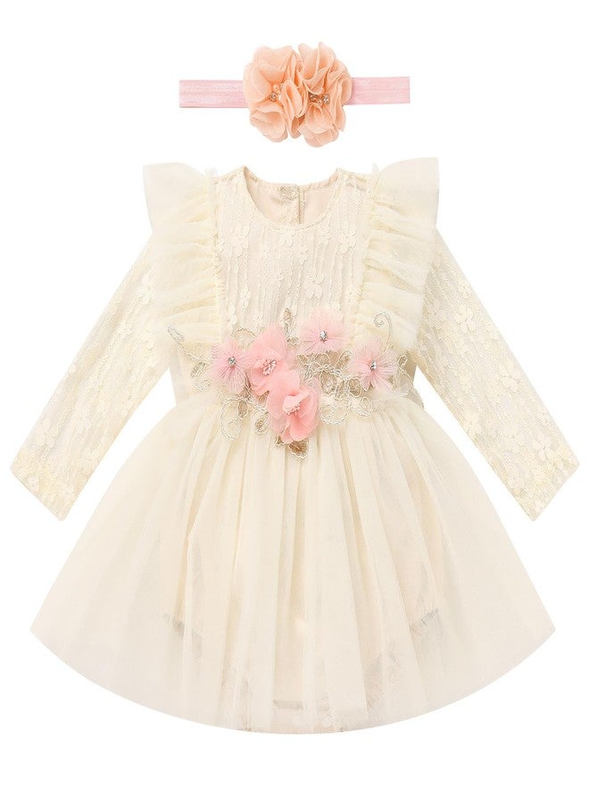 ODASDO Infant Baby Girls Lace Floral Long Sleeve Romper Dress Fairy Tulle Princess Tutu Bodysuit First 1st Birthday Cake Smash Outfit Wedding I'm One Year Old Party Photo Shooting Apricot 3-6 Months - Image 1