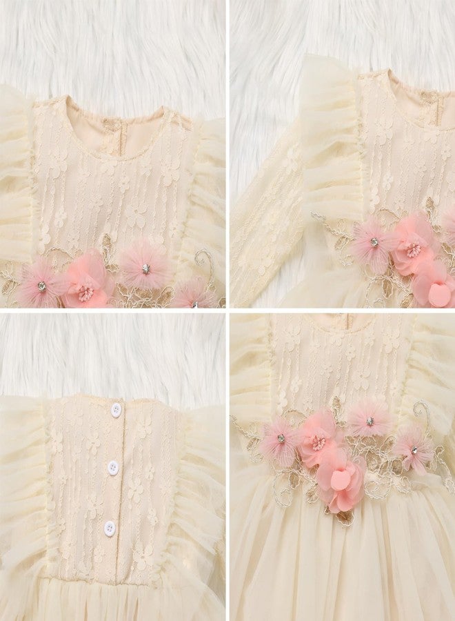 ODASDO Infant Baby Girls Lace Floral Long Sleeve Romper Dress Fairy Tulle Princess Tutu Bodysuit First 1st Birthday Cake Smash Outfit Wedding I'm One Year Old Party Photo Shooting Apricot 3-6 Months - Image 4