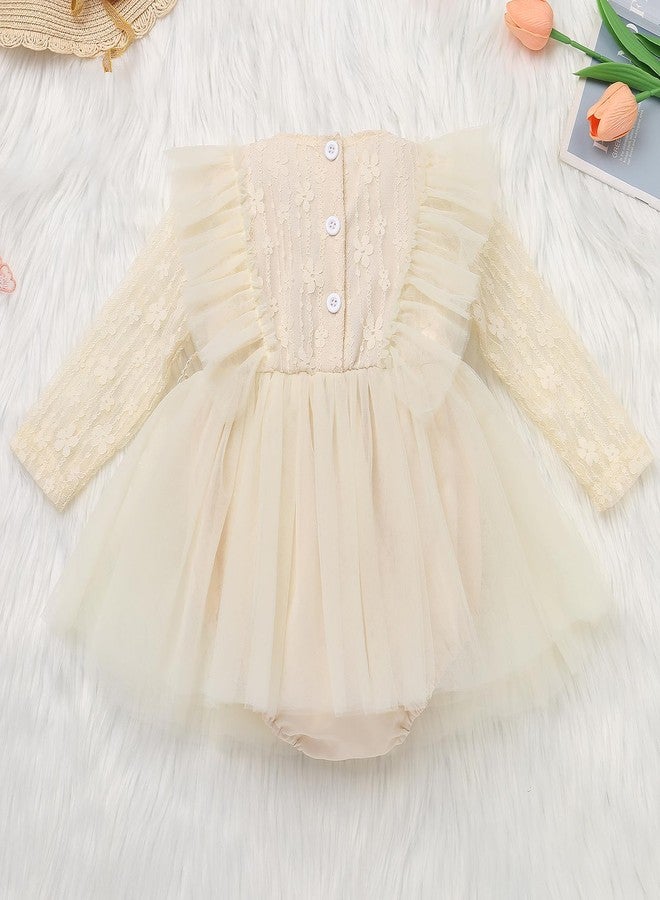 ODASDO Infant Baby Girls Lace Floral Long Sleeve Romper Dress Fairy Tulle Princess Tutu Bodysuit First 1st Birthday Cake Smash Outfit Wedding I'm One Year Old Party Photo Shooting Apricot 3-6 Months - Image 3