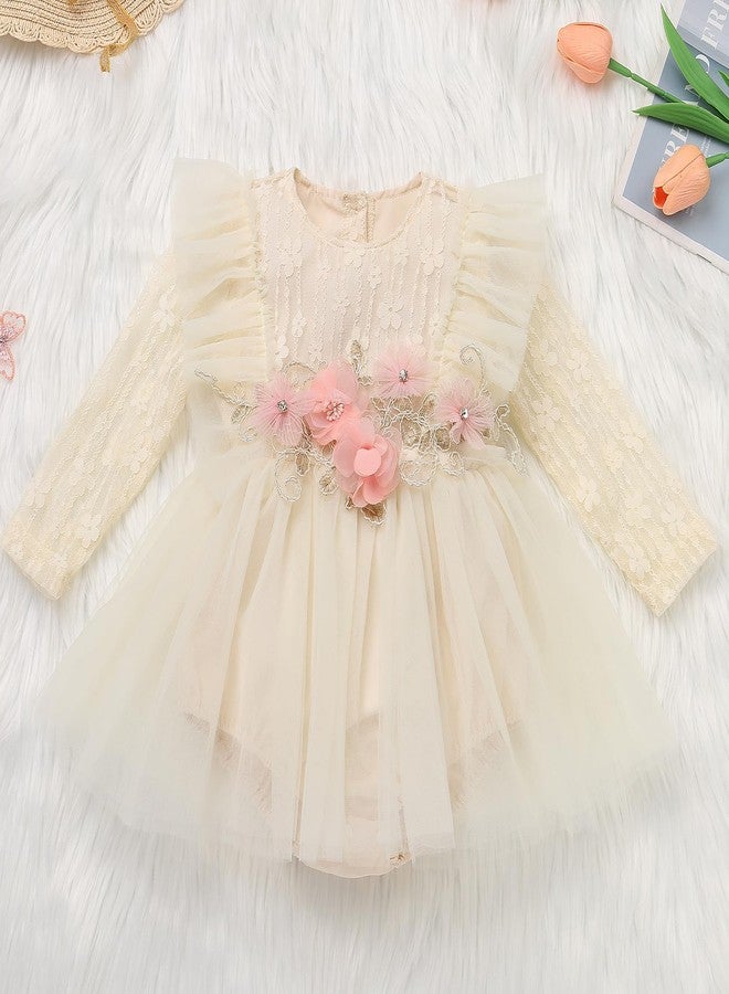 ODASDO Infant Baby Girls Lace Floral Long Sleeve Romper Dress Fairy Tulle Princess Tutu Bodysuit First 1st Birthday Cake Smash Outfit Wedding I'm One Year Old Party Photo Shooting Apricot 3-6 Months - Image 2