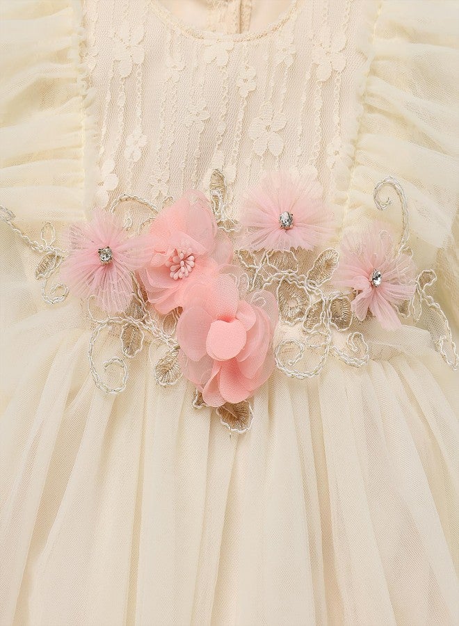 ODASDO Infant Baby Girls Lace Floral Long Sleeve Romper Dress Fairy Tulle Princess Tutu Bodysuit First 1st Birthday Cake Smash Outfit Wedding I'm One Year Old Party Photo Shooting Apricot 3-6 Months - Image 5
