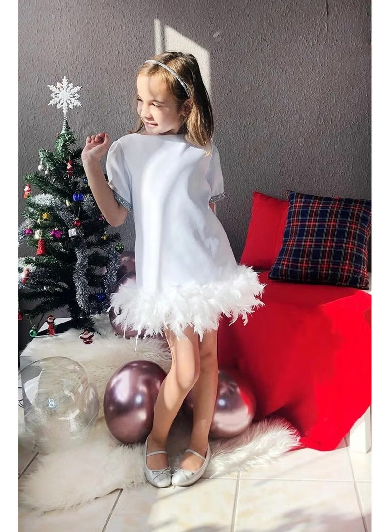 Masho Trend Feathered Hemline Evening Dress - Girls' Dress - Girls' Evening Dress - Kids' Evening Dress - Image 1
