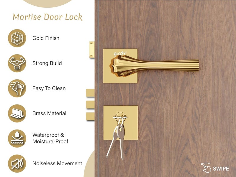 GLOXY GLOXY Brass Door Locks for Main Door Lock for Bedroom Mortise Lock Set Door Lock Handle Set with 3 Brass Key for Home Office Hotel Gold Finish 2 Years Warranty Pack of 1  - Image 3