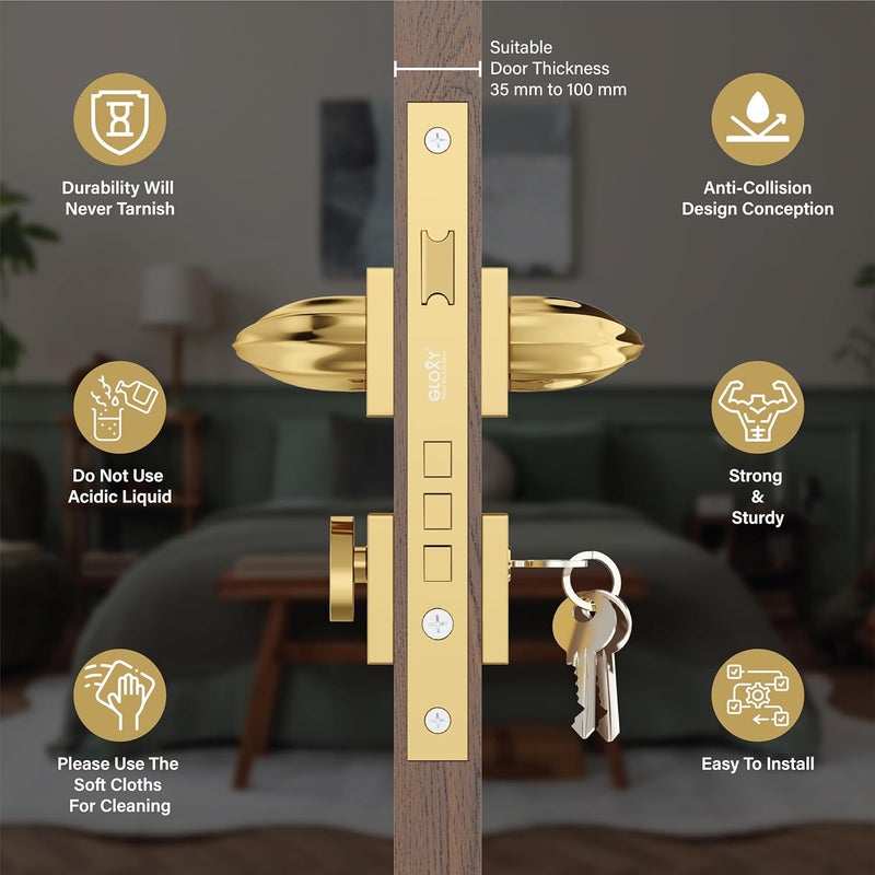 GLOXY GLOXY Brass Door Locks for Main Door Lock for Bedroom Mortise Lock Set Door Lock Handle Set with 3 Brass Key for Home Office Hotel Gold Finish 2 Years Warranty Pack of 1  - Image 2