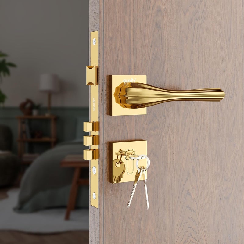 GLOXY GLOXY Brass Door Locks for Main Door Lock for Bedroom Mortise Lock Set Door Lock Handle Set with 3 Brass Key for Home Office Hotel Gold Finish 2 Years Warranty Pack of 1  - Image 1