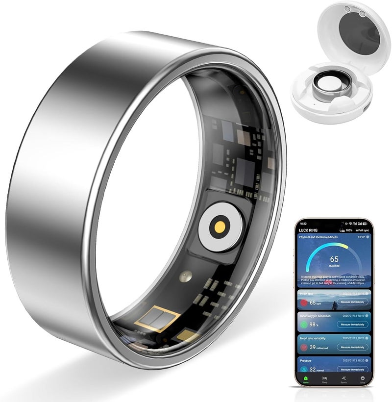Smart Ring, Fitness Tracker Ring with Charging Case, 10ATM Waterproof, Heart Rate, Blood Oxygen, Sleep Tracker, No App Subscription-Compatible with Android 6.0+ and iOS 11.0 (Silver, #7) - Image 1