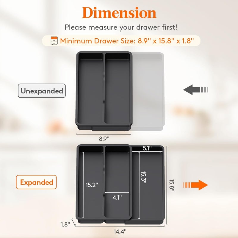 Lifewit Cutlery Tray for Drawers, Kitchen Utensil Holder Expandable to 36.5 cm, Narrow Drawers Organiser Kitchen Depth 40 cm, Plastic Utensil Stand for Spatula/Knife/Spoon, Black - Image 3