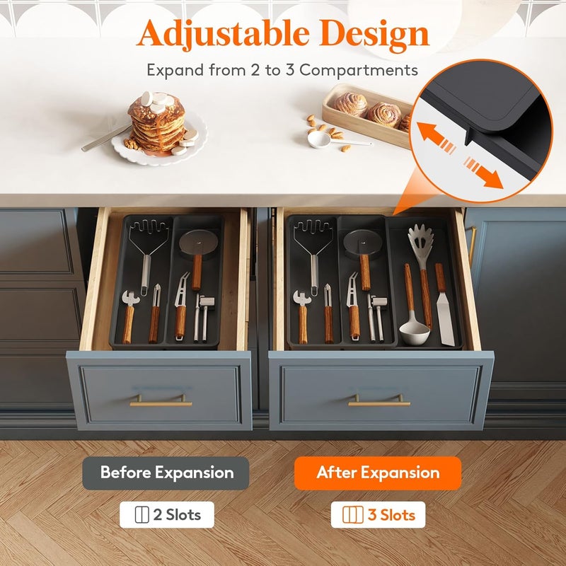 Lifewit Cutlery Tray for Drawers, Kitchen Utensil Holder Expandable to 36.5 cm, Narrow Drawers Organiser Kitchen Depth 40 cm, Plastic Utensil Stand for Spatula/Knife/Spoon, Black - Image 4