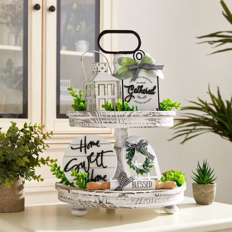 Houmury Set of 17 Farmhouse Tiered Tray with 1 Lantern Artificial Plant& Cutting Board Sign for Rustic Home Sweet Home Kitchen Decor Tier Tray Decor Set - Image 2