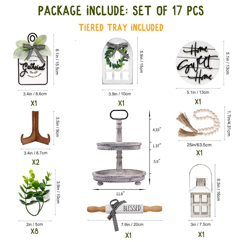 Houmury Set of 17 Farmhouse Tiered Tray with 1 Lantern Artificial Plant& Cutting Board Sign for Rustic Home Sweet Home Kitchen Decor Tier Tray Decor Set - Image 3