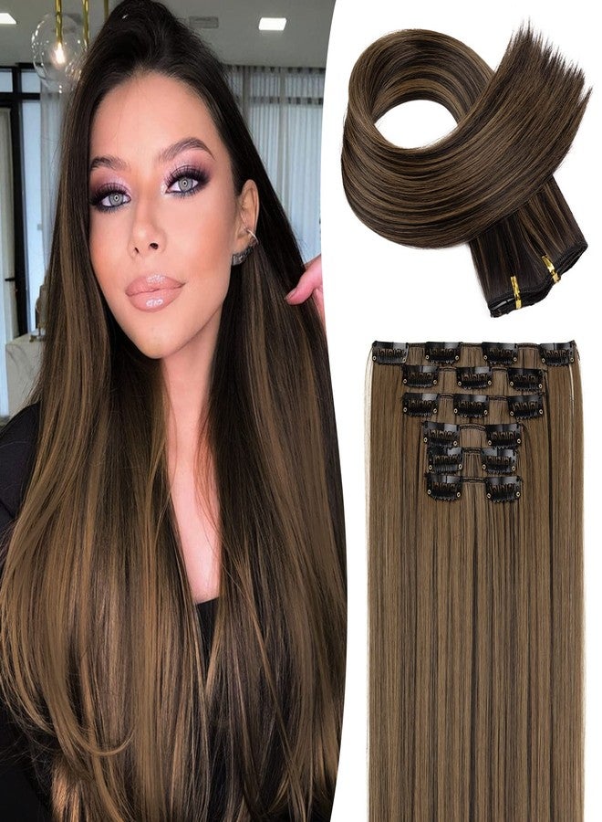 LONAI Clip in hair extensions 6PCS Straight 24" Hair Extensions for Women，Heat Resistant Synthetic Hairpiece-Black Brown with Highlights - Image 1