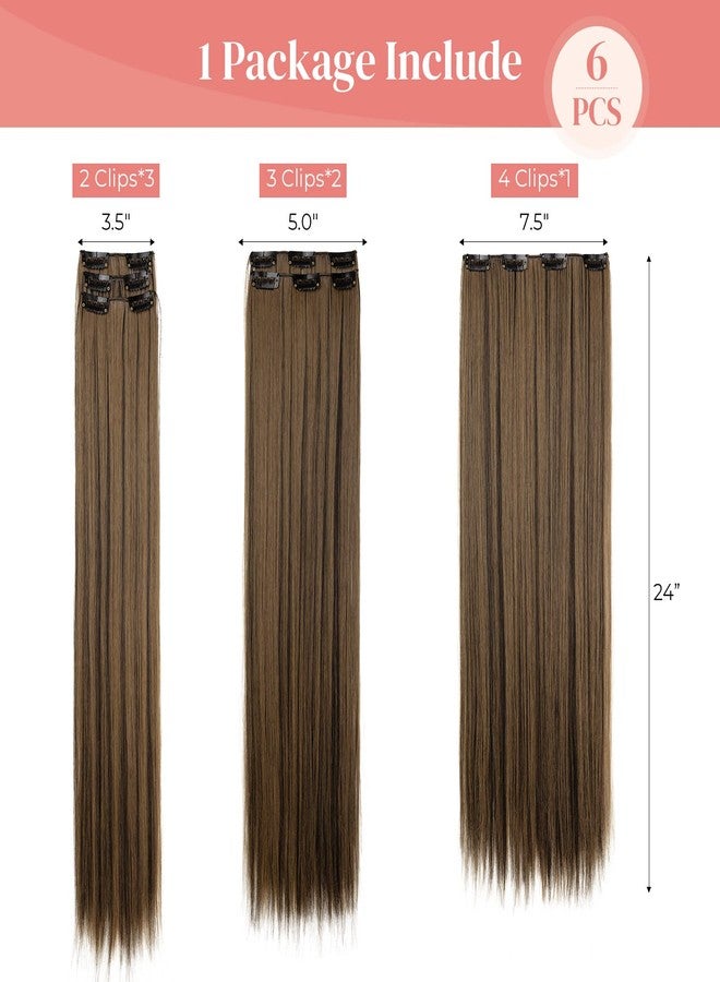 LONAI Clip in hair extensions 6PCS Straight 24" Hair Extensions for Women，Heat Resistant Synthetic Hairpiece-Black Brown with Highlights - Image 3