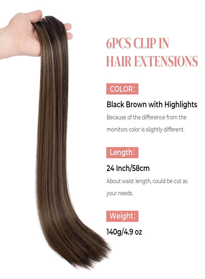 LONAI Clip in hair extensions 6PCS Straight 24" Hair Extensions for Women，Heat Resistant Synthetic Hairpiece-Black Brown with Highlights - Image 4
