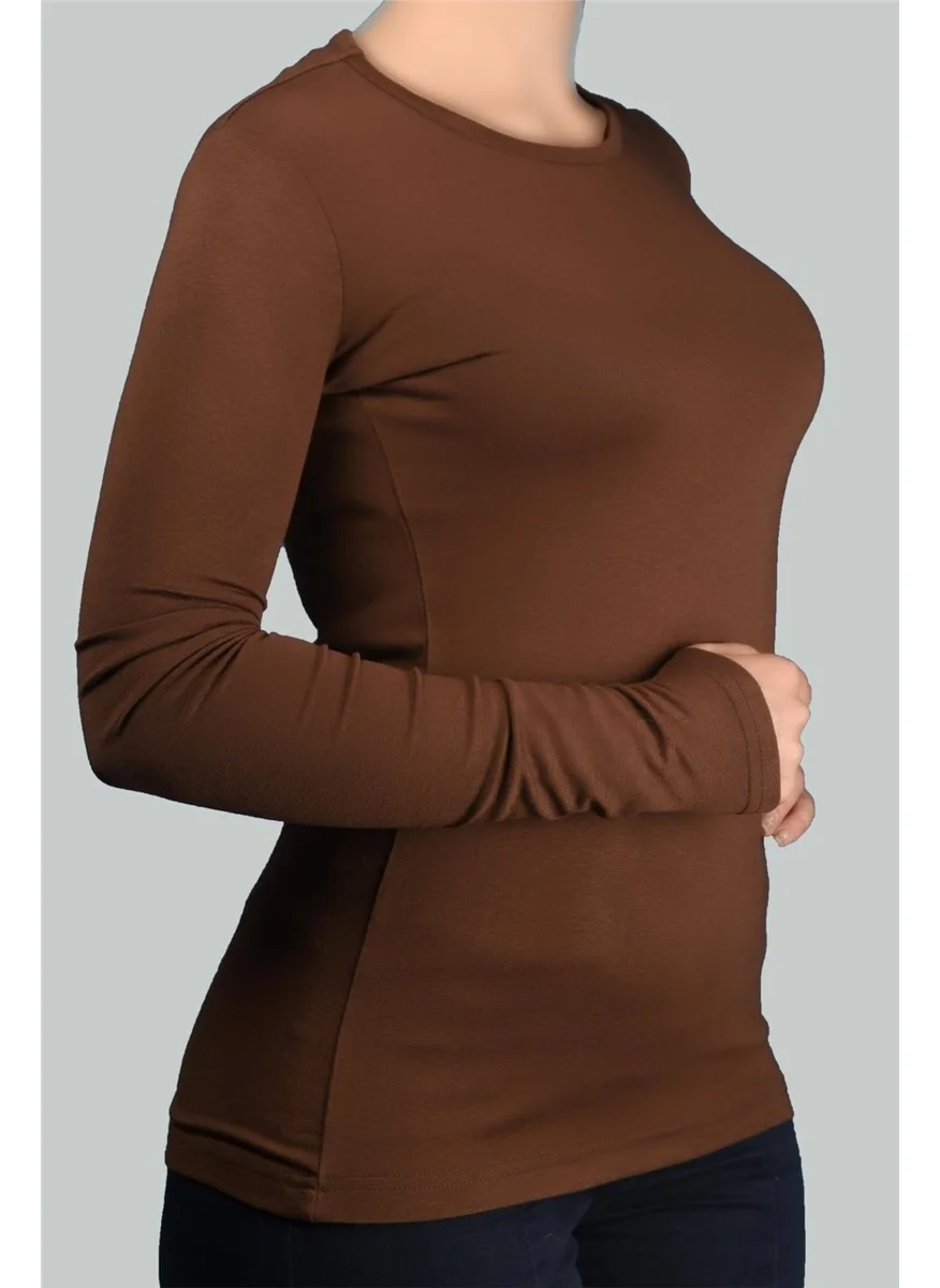 التوبة Long Sleeve Crew Neck Lycra Combed Cotton Women's Bodysuit - Chocolate