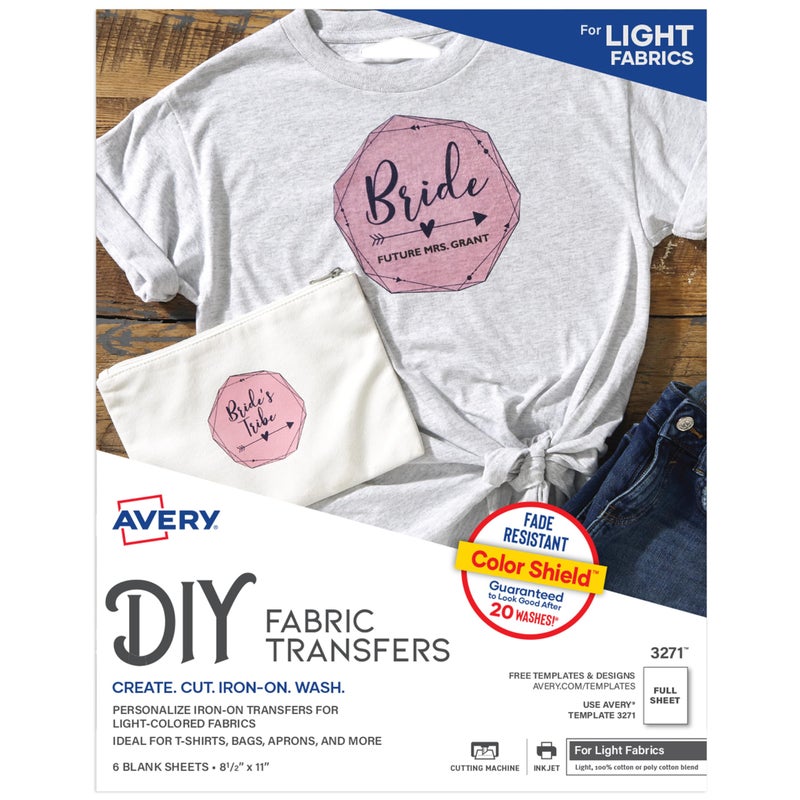 Avery Printable Heat Transfer Paper for Light Fabrics, 8.5" x 11", Inkjet Printer Compatible, 6 Sheets of Iron On Transfer Paper, Great for Custom Shirts, Uniforms, Gifts, and More (3271) - Image 1