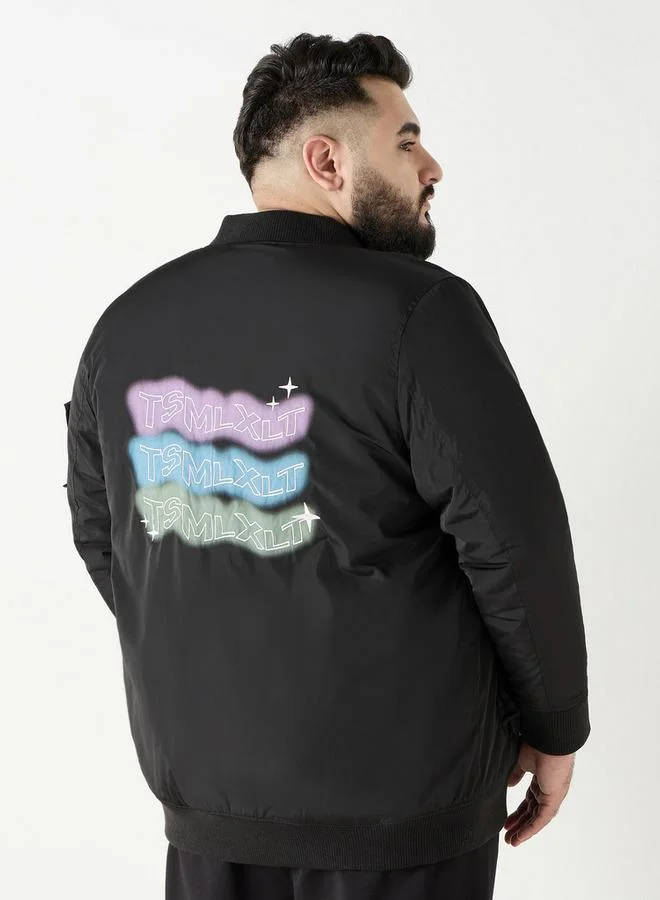 Plus Size Printed Zip Through Bomber Jacket with Pockets