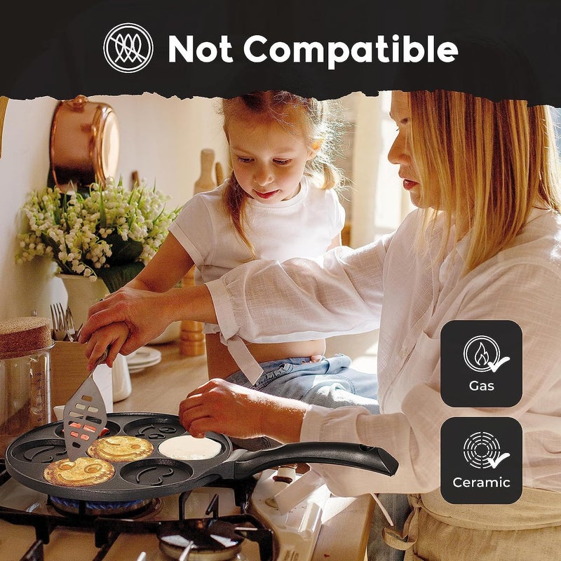 TNTAIAHL مقلاة بان كيك غير لاصقة، صانعة بان كيك صغيرة مع 7 أكواب وجه مبتسم، مقلاة إفطار كريب للأطفال، أسود - Image 2