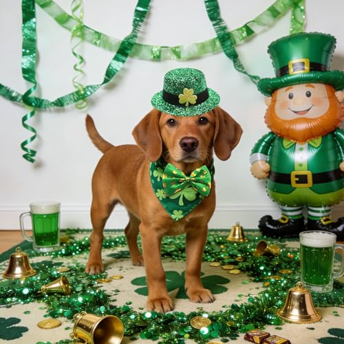 rosulasi 3 PCS Dog St Patricks Day Outfit Leprechaun Costume,St. Patrick's Dog Clothes,Green Shamrock Dogs Tall Hat,Sunglasses, Bow Tie,Irish for Small Medium Large Dogs Cats Dress Party Outfits - Image 4