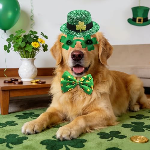 rosulasi 3 PCS Dog St Patricks Day Outfit Leprechaun Costume,St. Patrick's Dog Clothes,Green Shamrock Dogs Tall Hat,Sunglasses, Bow Tie,Irish for Small Medium Large Dogs Cats Dress Party Outfits - Image 3