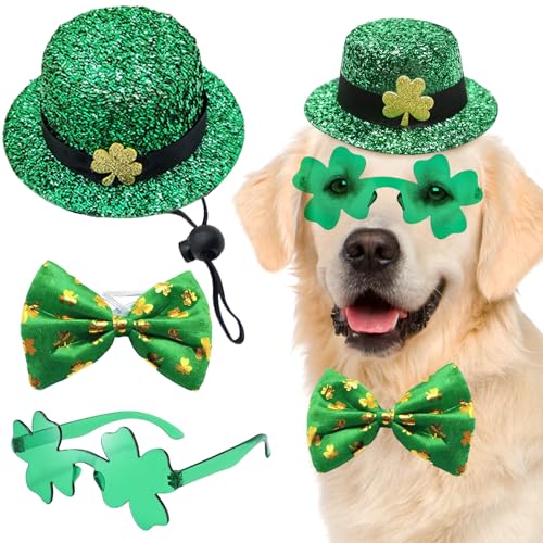 rosulasi 3 PCS Dog St Patricks Day Outfit Leprechaun Costume,St. Patrick's Dog Clothes,Green Shamrock Dogs Tall Hat,Sunglasses, Bow Tie,Irish for Small Medium Large Dogs Cats Dress Party Outfits - Image 1
