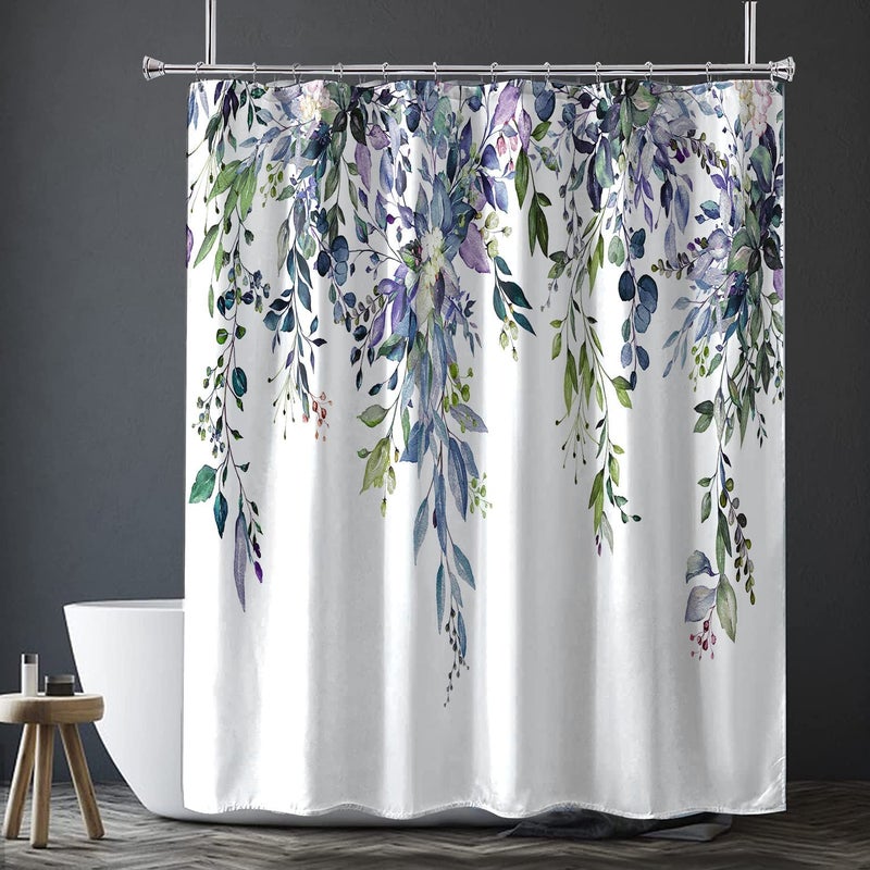 Nuseiis Long Blue Purple Shower Curtains 72 x 78  Fabric Tall Eucalyptus Leaves Shower Curtain Sets  Watercolor Floral Plant Bathroom Decor with Hooks - Image 2