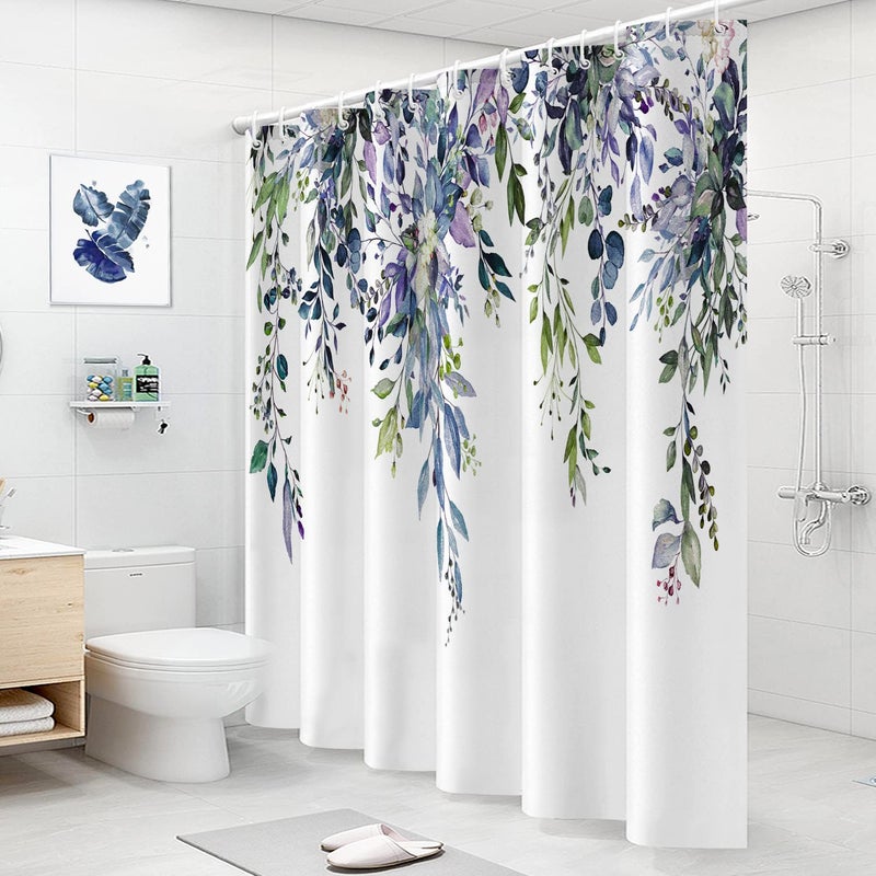 Nuseiis Long Blue Purple Shower Curtains 72 x 78  Fabric Tall Eucalyptus Leaves Shower Curtain Sets  Watercolor Floral Plant Bathroom Decor with Hooks - Image 3