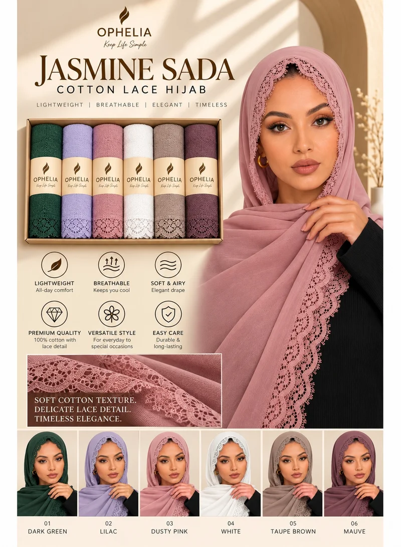 Ophelia 6pcs Jasmine Sada Premium Cotton Hijab with Lace Trim - Brown