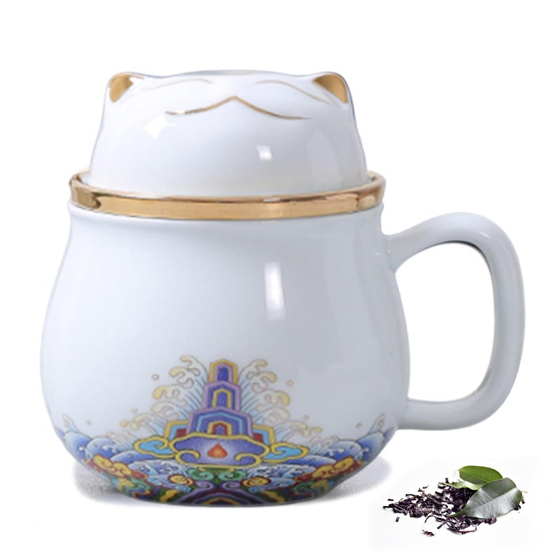 DEARART White Tea Mug with Strainer Infuser Lid and Saucer Ceramic Cute Design Chinese Tea Cup Porcelain Personal Tea Cup 108oz 300ml