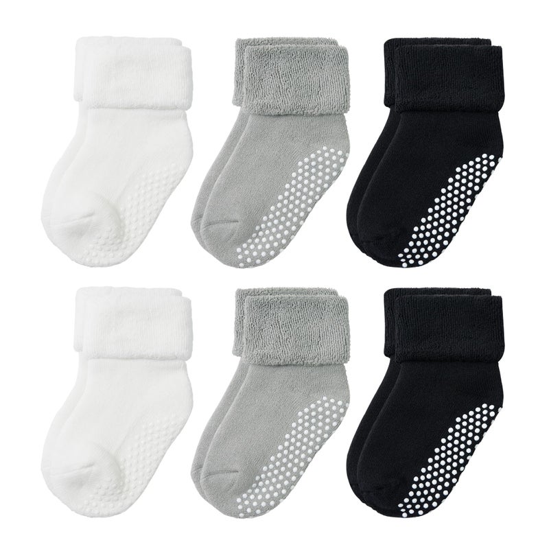 VWU Baby Toddler Kids Ankle Crew Socks with Grips Unisex Warm Thick Cotton Winter Socks 1-3T, 2 White 2 Black 2 Grey - Image 1