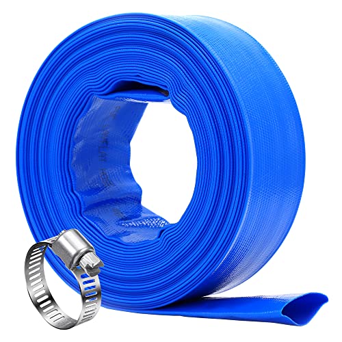 DAVCO 2" x 100 ft Pool Backwash Hose, Heavy Duty Reinforced Blue PVC Lay Flat Water Discharge Pump Hoses For Swimming Drain Pools and Clean Filters,with 1 Clamp - Image 1