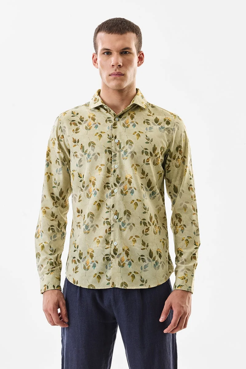 سنيتش Beige Floral Long Sleeve Slim Fit Shirt