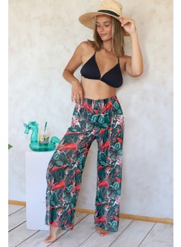Hamur Dough Beach Pantalon Pareo Summer Closed Slit Elastic Chiffon Tulle Fabric High Waist Flower Green 