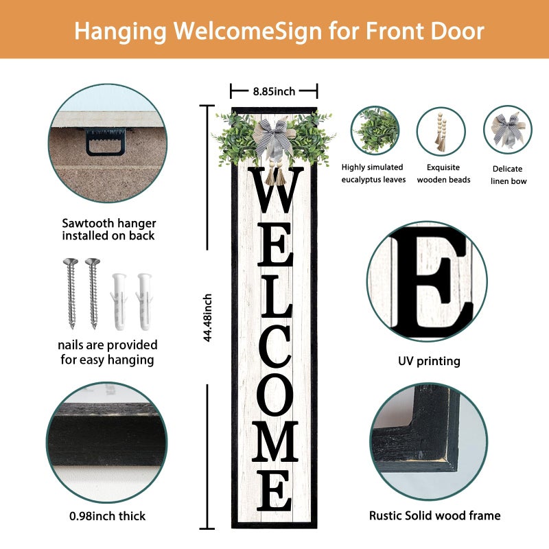 Surfapans Welcome Sign for Front porch Standing 45"X9"Large Wood Frame Outdoor Tall Welcome Signs Vertical Decor for Farmhouse Rustic Home Modern Outside Front Door Wall Decorations (Black) - Image 2