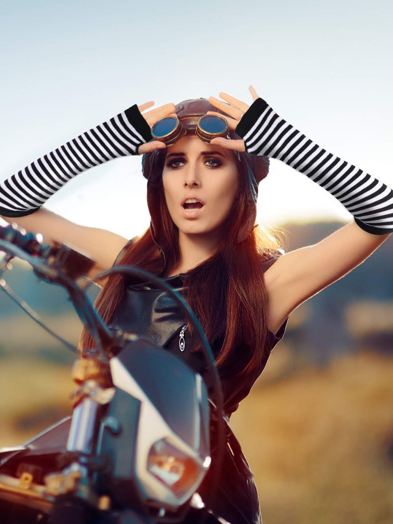 Bememo 4 Pairs Punk Gothic Long Fingerless Gloves Knitted Arm Warmer Elbow Length Gloves Thumb Hole Gloves (Dark Grey, Light Grey, Striped Color) - Image 3