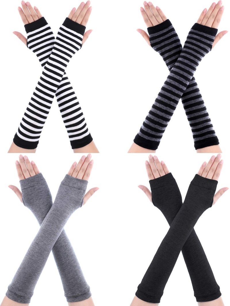 Bememo 4 Pairs Punk Gothic Long Fingerless Gloves Knitted Arm Warmer Elbow Length Gloves Thumb Hole Gloves (Dark Grey, Light Grey, Striped Color) - Image 1