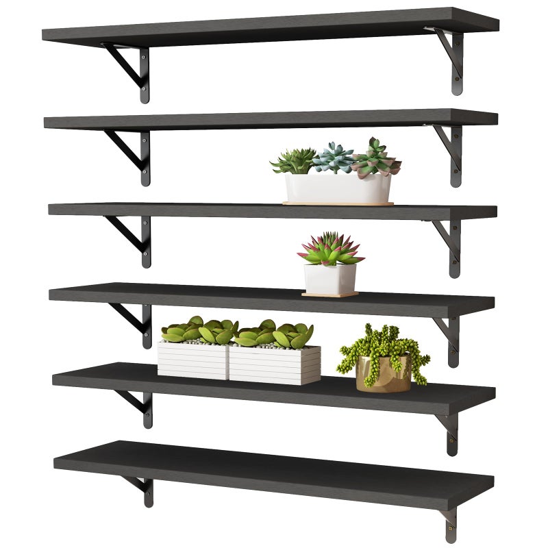 YGEOMER 23.6 Inch Floating Shelves for Wall, Farmhouse Wall Shelves for Bedroom, Bathroom Storage, Living Room and Kitchen Decor (Set of 6 Black) - Image 1
