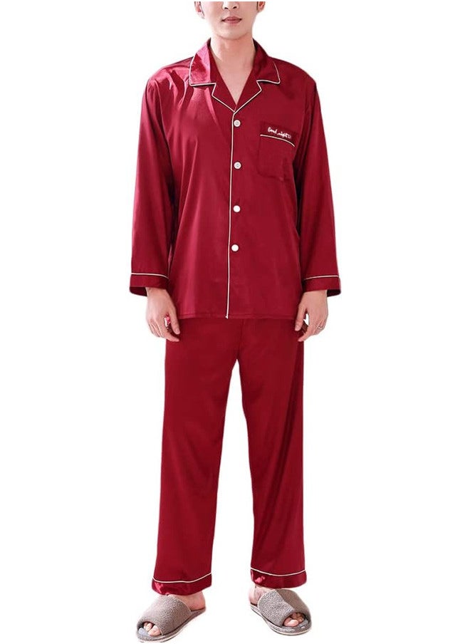 MARGOUN Men XXL Pajamas Silk Long Sleeve Sleepwear Satin Soft Button Down Loungewear Pjs Red/MG04  - Image 1