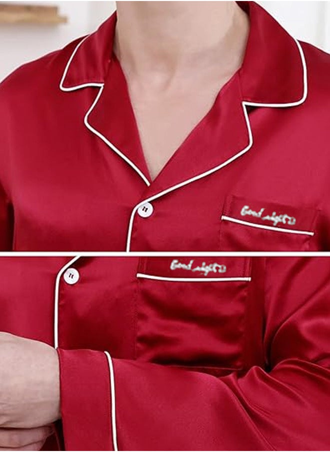 MARGOUN Men XXL Pajamas Silk Long Sleeve Sleepwear Satin Soft Button Down Loungewear Pjs Red/MG04  - Image 3