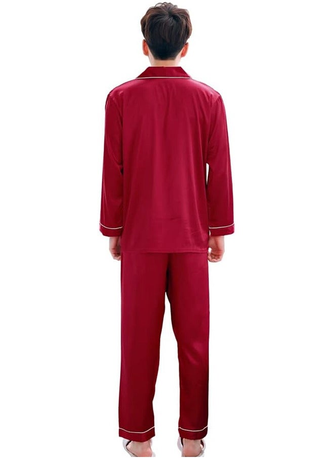 MARGOUN Men XXL Pajamas Silk Long Sleeve Sleepwear Satin Soft Button Down Loungewear Pjs Red/MG04  - Image 4