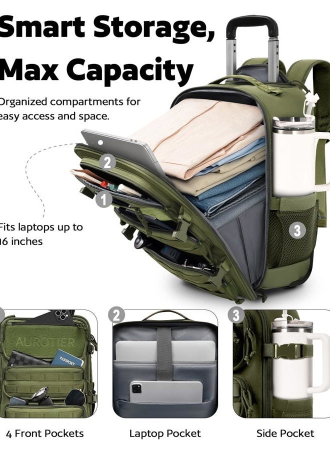 AUROTIER Rolling Tactical Laptop Backpack, Underseat Travel Carry on Luggage with Wheels, Wheeled Backpack for Men and Women, Green, Medium, Fashion - Image 2