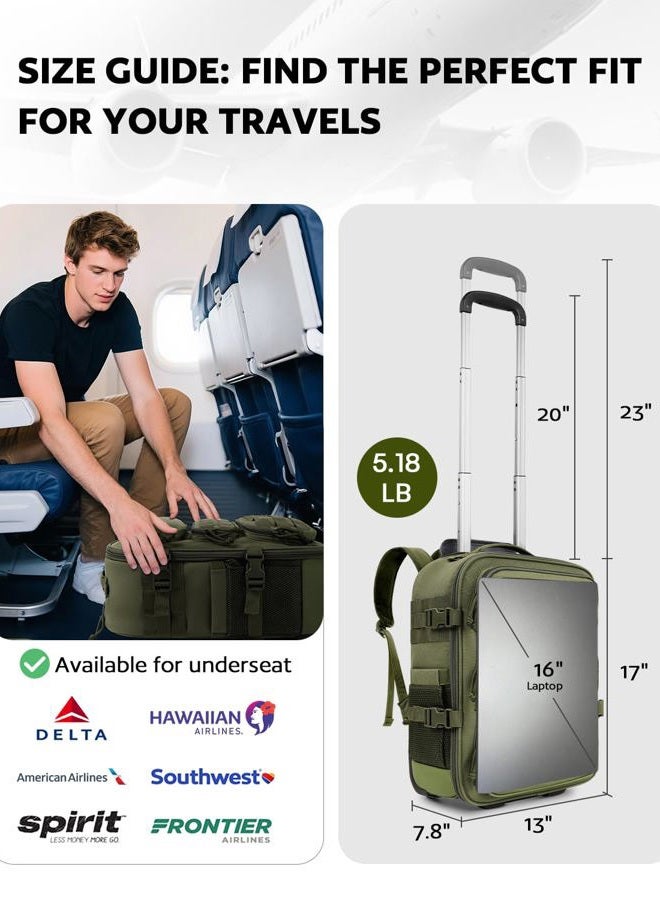 AUROTIER Rolling Tactical Laptop Backpack, Underseat Travel Carry on Luggage with Wheels, Wheeled Backpack for Men and Women, Green, Medium, Fashion - Image 3
